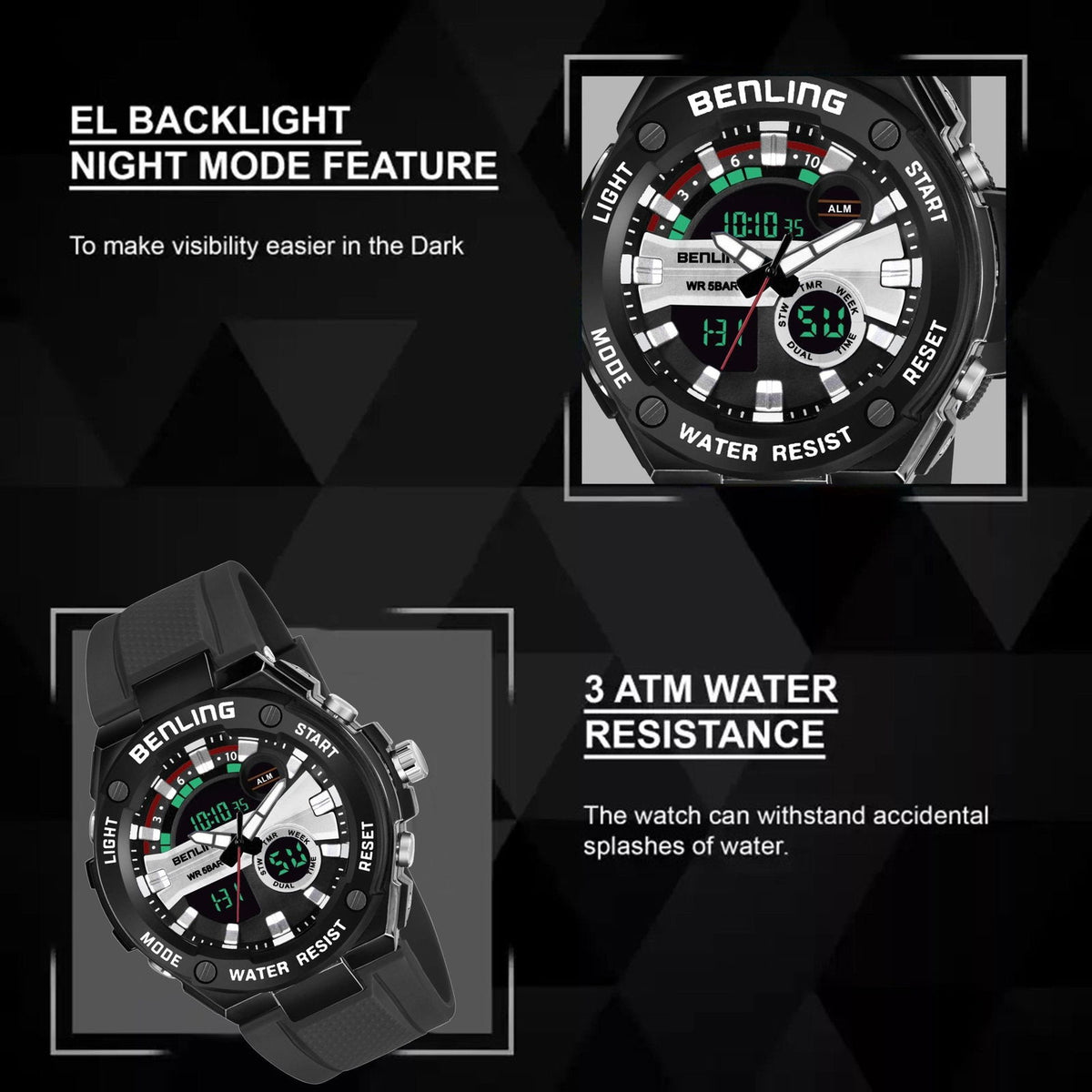 Benling Versatile Analog Digital Watch with EL Backlight-SKBLANDG-6004 - Benling
