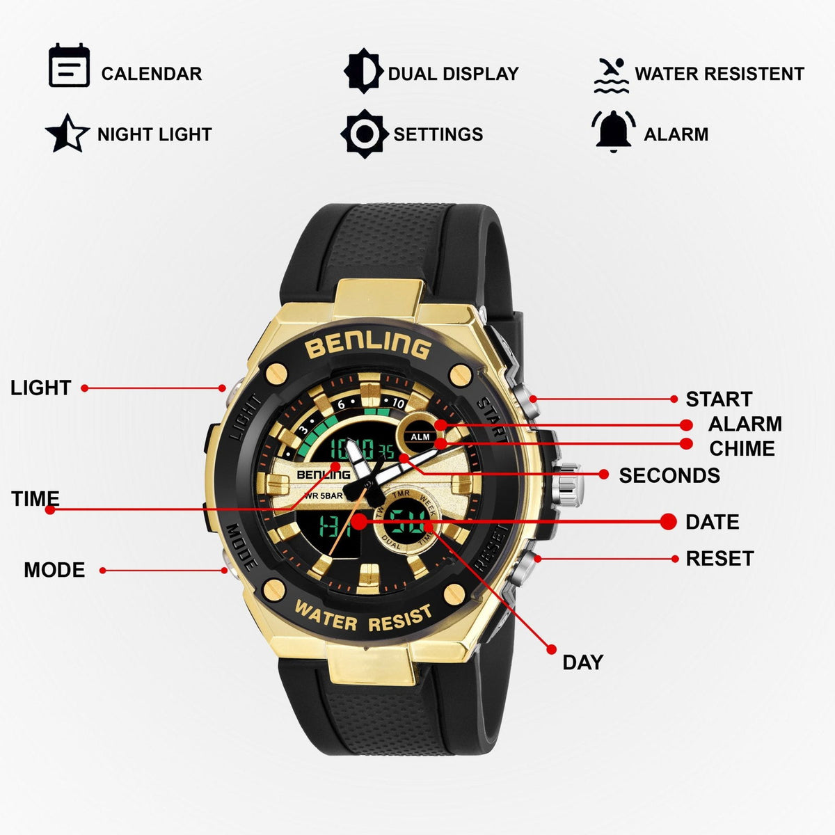 Benling Versatile Analog Digital Watch with EL Backlight-SKBLANDG-6004 - Benling