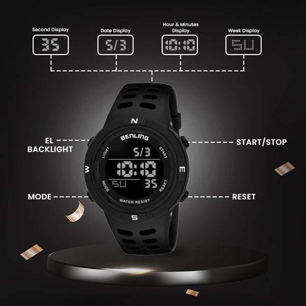 Digital Watch with Stopwatch | Calendar | Alarm | Sports – Formal Casual Wear | 6060 - Benling
