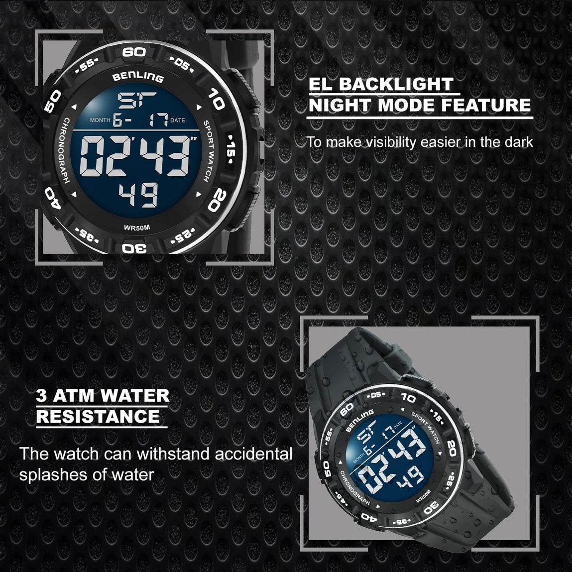 Digital Wrist Watch with Led Backlight Stopwatch Calendar Sports Benling