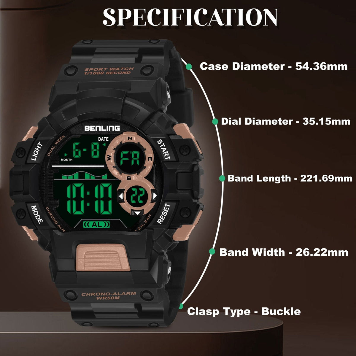 Military Watches for Men with Stopwatch | Calendar | Alarm | Sports Formal Casual Wear | 6053 - Benling