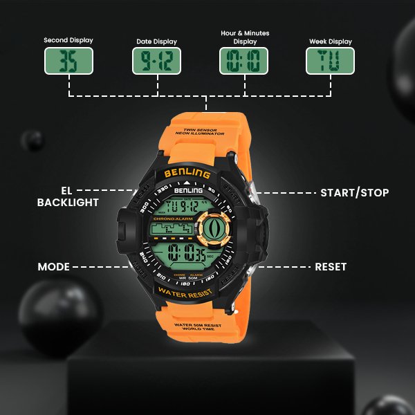 Multifunctional Digital Watch Shockproof with Stopwatch | Calendar | Alarm | Sports – Formal Casual Wear | 6055 - Benling