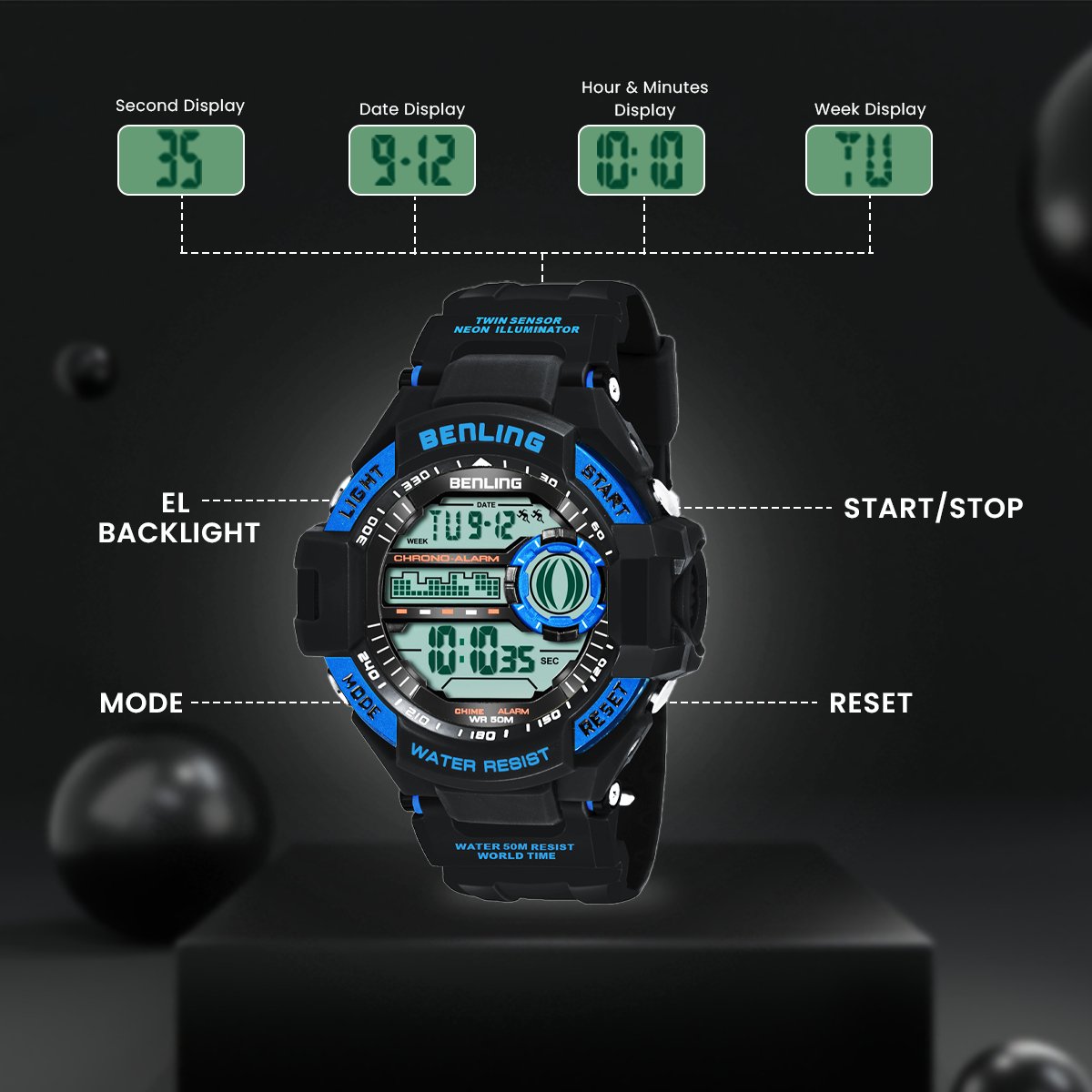 Multifunctional Digital Watch Shockproof with Stopwatch | Calendar | Alarm | Sports – Formal Casual Wear | 6055 - Benling