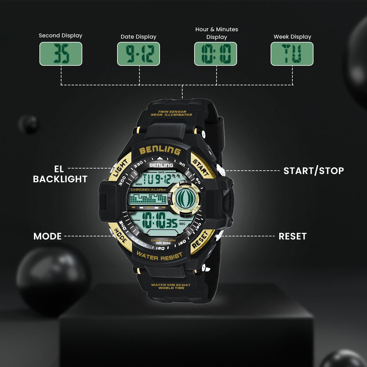 Multifunctional Digital Watch Shockproof with Stopwatch | Calendar | Alarm | Sports – Formal Casual Wear | 6055 - Benling