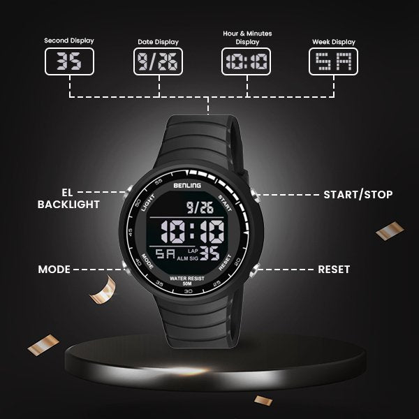 Multifunctional Digital Watch with Stopwatch | Calender | Alarm | Sports – Formal Casual Wear | 6061 - Benling