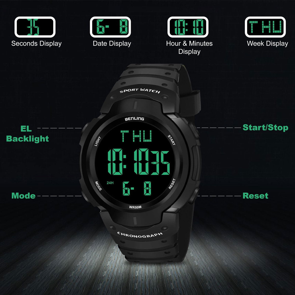 Multifunctional Digital Watches for Men | Waterproof | Calendar | Day Date Function | 6050 - Benling