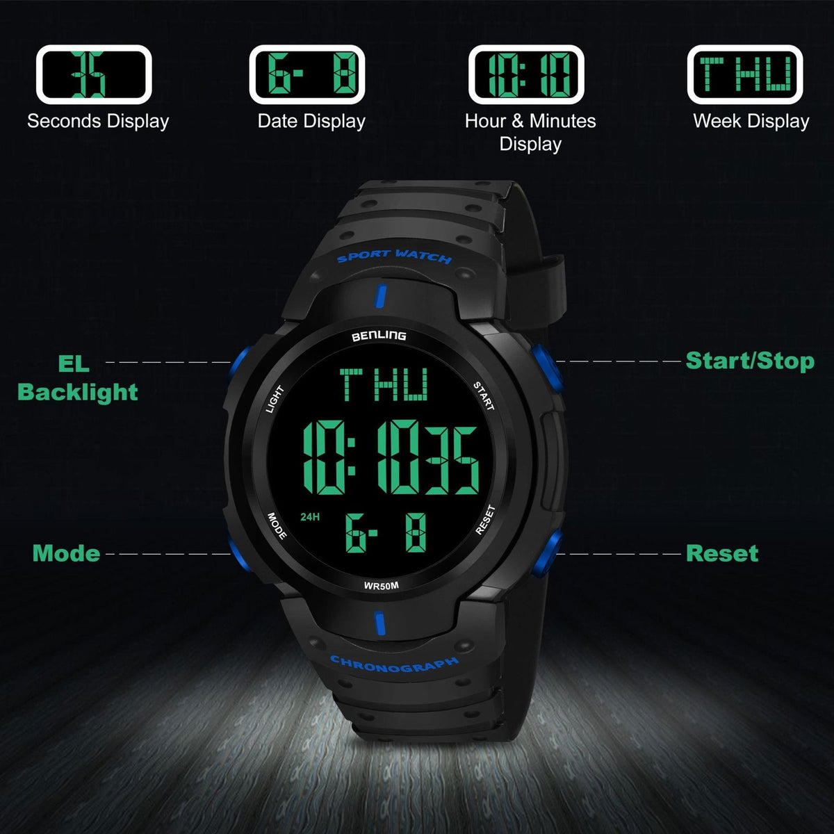 Multifunctional Digital Watches for Men | Waterproof | Calendar | Day Date Function | 6050 - Benling