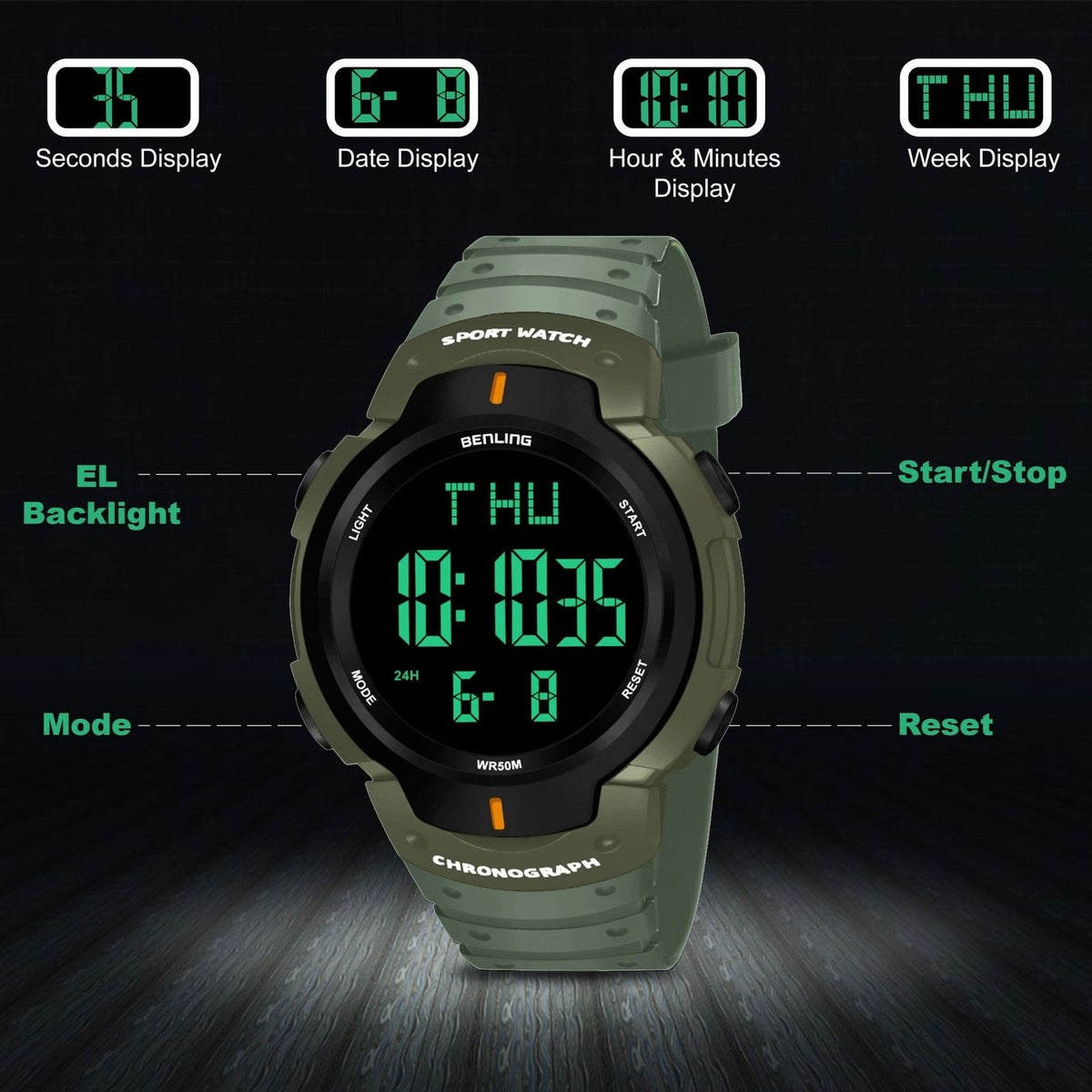 Multifunctional Digital Watches for Men | Waterproof | Calendar | Day Date Function | 6050 - Benling