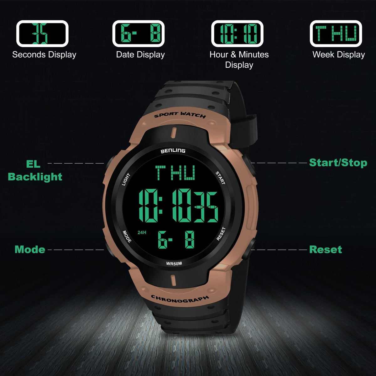 Multifunctional Digital Watches for Men | Waterproof | Calendar | Day Date Function | 6050 - Benling