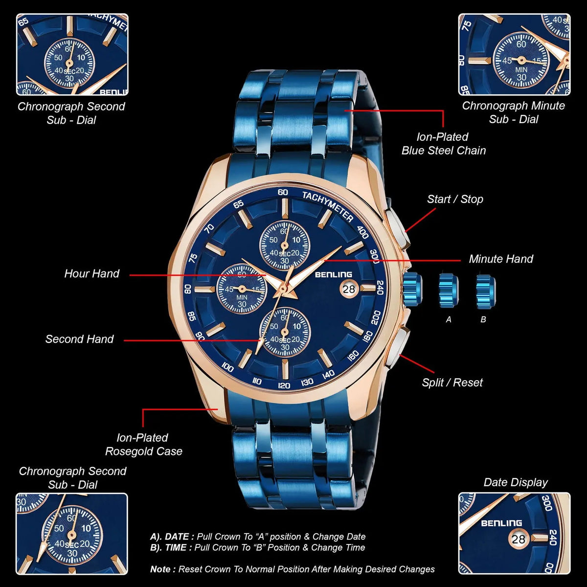 Stylish Stainless Steel chain formal | casual| Chronograph watch - Benling