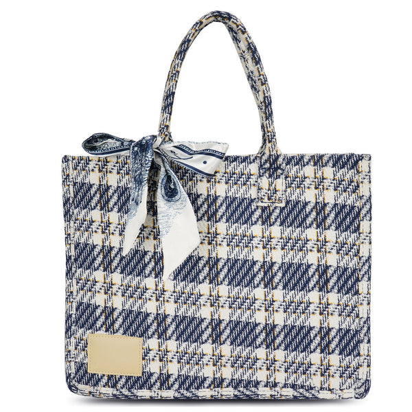 Women's Blue Check-print Cotton Tote Bag