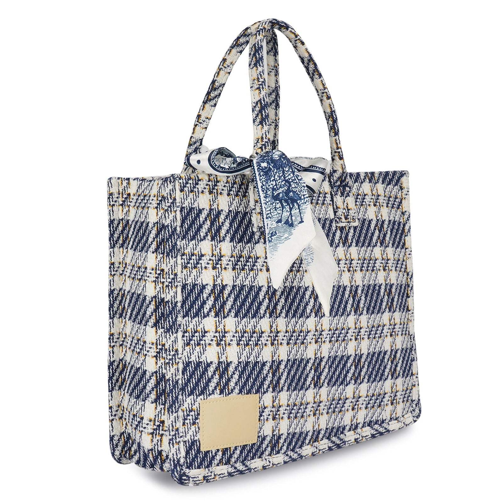 Women's Blue Check-print Cotton Tote Bag