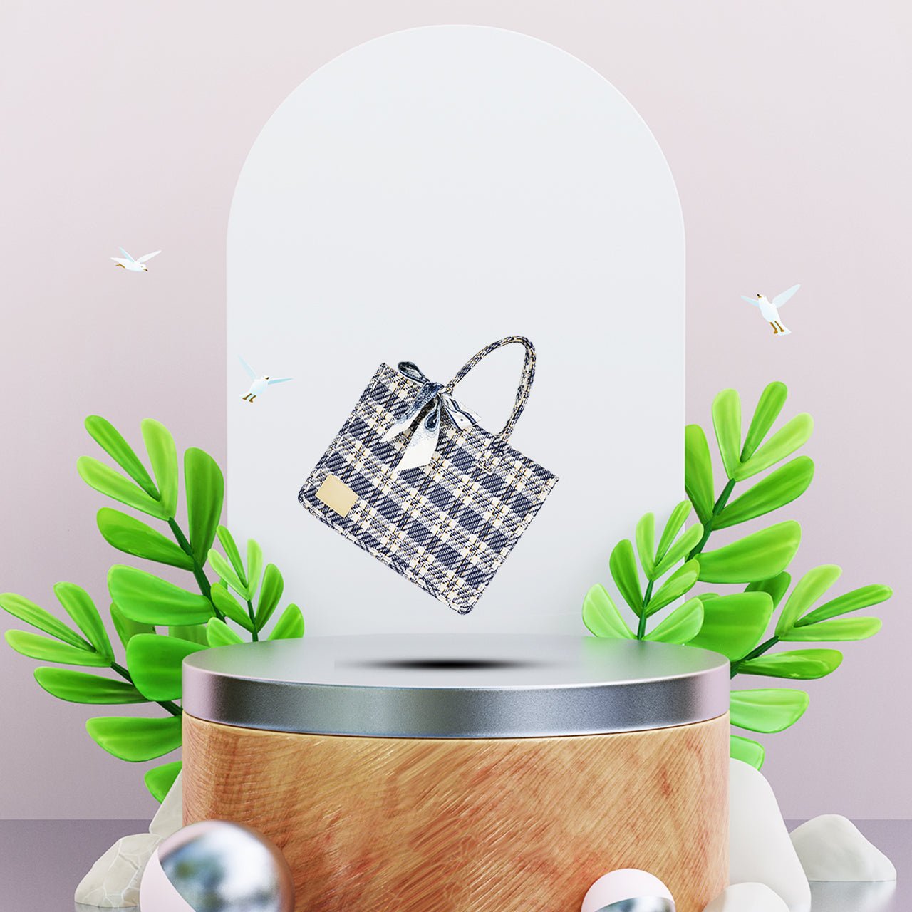 Women's Blue Check-print Cotton Tote Bag