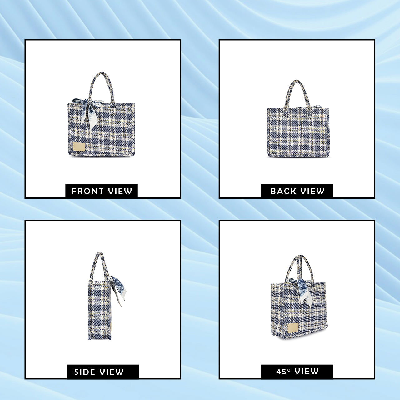 Women's Blue Check-print Cotton Tote Bag